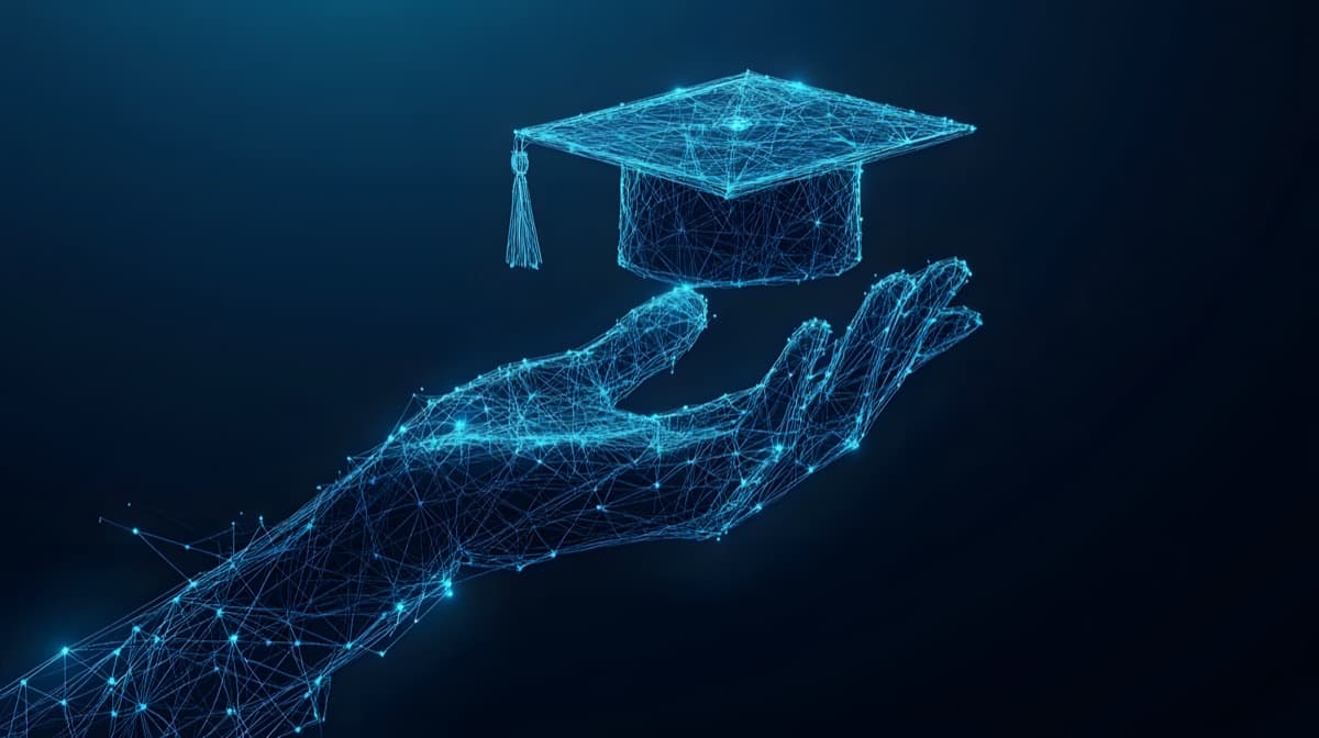 AI learning: a hand offering a digital graduation cap